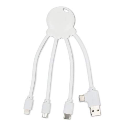 Das Eco Octopus Ladekabel ist aus ozeangebundenem Kunststoff hergestellt. Mit zwei (USB-A &amp; USB-C) Eingängen und drei verschiedenen Anschlüssen können Sie Ihre Geräte umweltfreundlich aufladen. Am Schreibtisch, im Auto, in der Tasche oder im Urlaub; dieses Multiladekabel ist immer praktisch! 