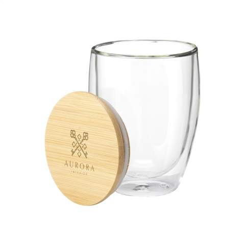 High quality double-walled glass. This clear borosilicate glass has a sleek and contemporary design with bamboo lid with silicone ring. An insulating layer of air forms between the heat-resistant glass walls. If you fill the glass with a hot drink, the outer wall remains cool and easy to hold. Not dishwasher-safe. Capacity 350 ml. Each item is supplied in an individual brown cardboard box.