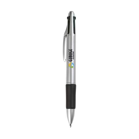 Stylo 4 couleurs avec embout antidérapant en caoutchouc. Avec encre bleue, verte, rouge et noire.