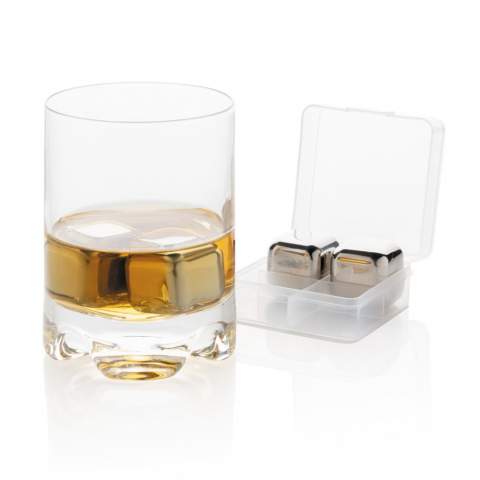 Enjoy your chilled drink with this set of 4 stainless steel ice cubes. The cubes help preserve the taste of your favourite drink with no dilution. The set comes in a handy storage box.They are simple to use: just store them in your freezer and they are ready to use in just 3 hours! Size of the cube 2.5x2.5x2.5cm.