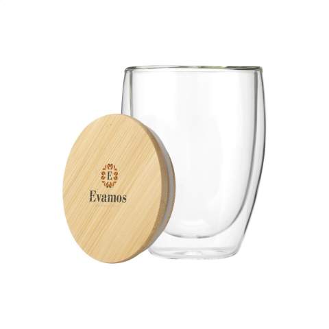 High quality double-walled glass. This clear borosilicate glass has a sleek and contemporary design with bamboo lid with silicone ring. An insulating layer of air forms between the heat-resistant glass walls. If you fill the glass with a hot drink, the outer wall remains cool and easy to hold. Not dishwasher-safe. Capacity 350 ml. Each item is supplied in an individual brown cardboard box.