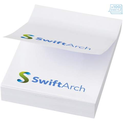 Sticky-Mate® sticky notes. Standaard model bestaat uit 50 vellen zelfklevend 80 g/m2 papier in een keuze van kleuren. Full colour print beschikbaar op elk vel. Beschikbaar in 3 formaten (25/50/100 vellen).