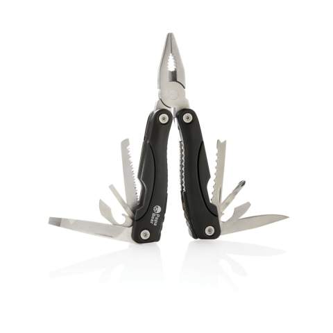 14 functies roestvrijstalen multitool met geanodiseerd aluminium handvat, verpakt in etui.