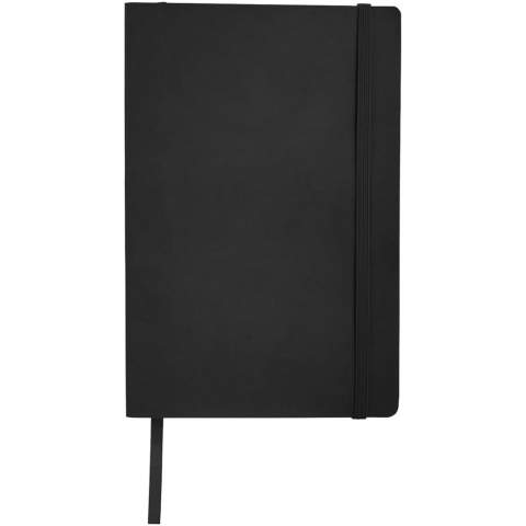 Soft touch cover notebook (A5 size reference) with built-in elastic closure, ribbon page marker, document pocket on interior back cover and 80 sheets (80gsm) of lined paper.