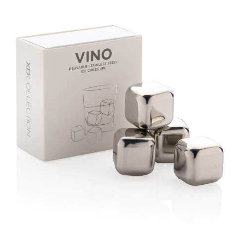 Enjoy your chilled drink with this set of 4 stainless steel ice cubes. The cubes help preserve the taste of your favourite drink with no dilution. The set comes in a handy storage box. They are simple to use: just store them in your freezer and they are ready to use in just 3 hours!