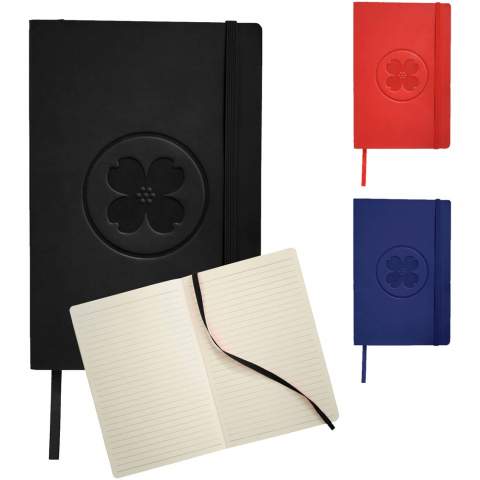Soft touch cover notebook A5 formaat met ingebouwde elastieksluiting, paginalint, opbergvak aan de binnenkant en 80 pagina's van 80 gram gelineerd papier.