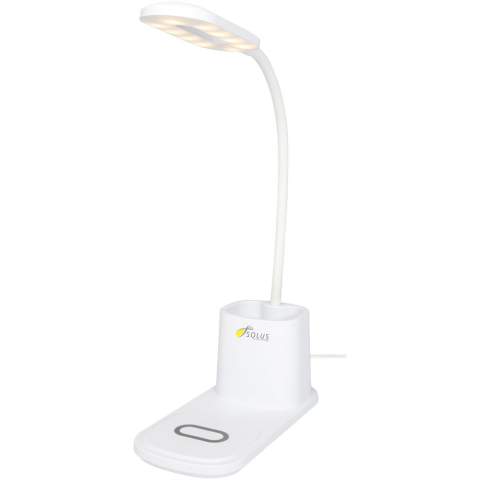 Schreibtischlampe mit integriertem kabellosen Ladegerät und Stifthalter. Die Lampe hat 3 Beleuchtungsstufen (warm/kalt/mittel) und kann in der Höhe verstellt werden. Das kabellose Ladegerät leistet 10W und ist mit allen Qi-Geräten kompatibel (iPhone 8 oder höher und Android-Geräte, die kabelloses Laden unterstützen).