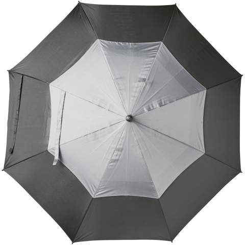 Automatic opening umbrella. Vented pongee canopy. Metal shaft with fiberglass ribs. Including matching pongee storage pouch.