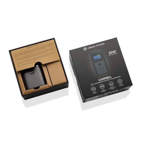 The Urban Vitamin Campbell powerbank is a state-of-the-art charging solution designed to keep you powered on the go. With a powerful 10,000 mAh capacity packed into a pocket-sized design, this charger ensures your devices are always ready when you need them. Featuring a high-quality TFT colour display, the Campbell provides real-time information on charging speed and other essential details, giving you complete control and insight. Equipped with three output ports, including two USB-C and one USB-A, it delivers an impressive 55W of power, capable of charging smartphones, tablets, and even laptops and MacBooks at full speed. Crafted from durable aluminium, it combines premium aesthetics with a robust build, making it a stylish and reliable accessory for modern lifestyles. Urban Vitamin products are made without PVC and are packed in plastic-reduced packaging.<br /><br />PowerbankCapacity: 10000<br />PVC free: true