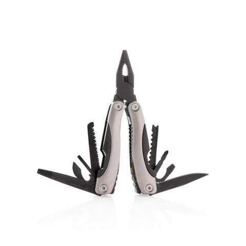 Outil multifonctions 14 fonctions en acier inoxydable noir, manche en aluminium anodisé. Les outils en acier inoxydable sont: pince à bec, pince, pince coupante, couteau, tournevis cruciforme, décapsuleur, écailleur à poisson, ouvre-boîte, petit tournevis plat, moyen tournevis plat, grand tournevis plat, lime, scie, arrache-clous. Livré avec étui noir.
