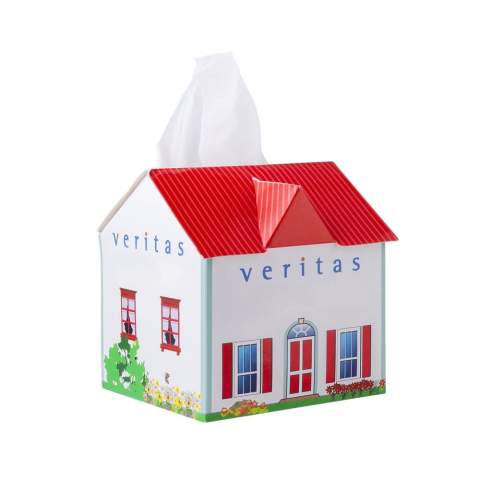 House-shaped tissue box filled with 50 3-ply tissues.