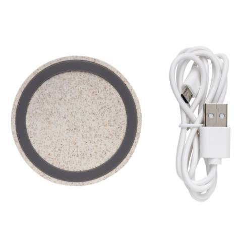 Wireless charger made from wheat fibre (30%) mixed with ABS to charge all wireless devices. With silicone ring that prevents your phone from sliding around. The LED indicator will light up when the device is charging. Compatible with all QI enabled devices like Android latest generation, iPhone 8 and up. Input: 5V/1.5A. Wireless Output: 5V/1A, 5W. Including 50 cm PVC free TPE micro USB cable.<br /><br />WirelessCharging: true