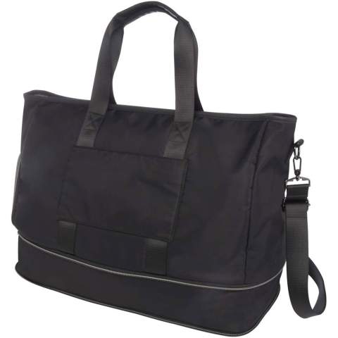 The Rhine expandable duffel bag effortlessly transforms itself with style for varied occasions with its sleek design and versatility. Crafted with high-quality GRS certified recycled nylon, soft RPET lining, and premium PU leather elements. The duffel bag features a spacious main compartment with a large leak-proof TPU pocket, 2 sleeve pockets, a dedicated shoe compartment, a secure hidden pocket on the back (doubling as trolley strap), and detachable shoulder straps that can be adjusted for maximum comfort. What truly sets this duffel bag apart is the expandable layer, which can be extended up to 42 litres capacity. Capacity: 35-42 litres. Resistance up to 20 kg weight. PVC free.
