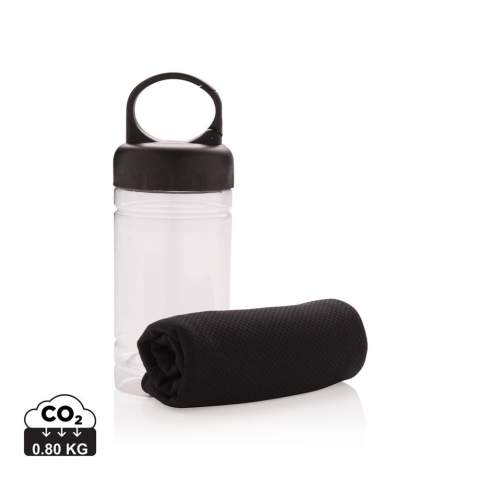 Mikrofaser Kühlhandtuch ( ca. 77x30cm) mit 98% Sun-Blocker-Funktion bis zu UV50+. Einfach etwas kühles Wasser zum Handtuch in die Dose geben und fertig ist die Erfrischung. Die Dose aus PP, der Deckel aus ABS und das ganze mit einem Karabiner, um sie bei allen Outdoor-Aktivitäten immer dabei zu haben.