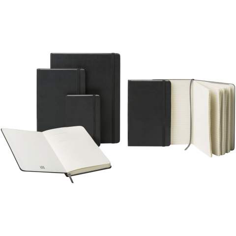 The Moleskine Classic hard cover notebook is now available in a medium size. It has the iconic rounded corners, elasticated closure and ribbon book marker. Expandable internal pocket to back cover. Contains 208 ivory-coloured ruled pages.