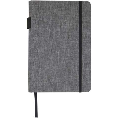 A5 size notebook with cover made of RPET fabric. Features 96 sheets 70 g/m² recycled paper with lined layout, a pen loop and ribbon marker. Packed in a cardboard sleeve.