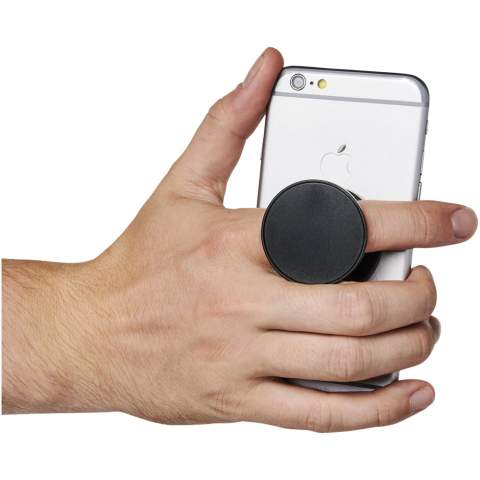 This item can be used as a phone stand or to secure a smartphone while holding it. Works great for watching movies on a smartphone or for taking selfies. Adhesive backing attaches firmly to the back of a smartphone.