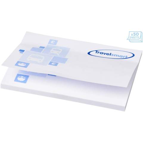 Sticky-Mate® sticky notes. Standaard model bestaat uit 50 vellen zelfklevend 80 g/m2 papier in een keuze van kleuren. Full colour print beschikbaar op elk vel. Beschikbaar in 3 formaten (25/50/100 vellen).