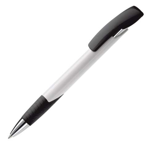 Moderne Toppoint balpen. Unieke vormgeving met hardcolour houder en metalen delen. De grip en clip zijn gekleurd.