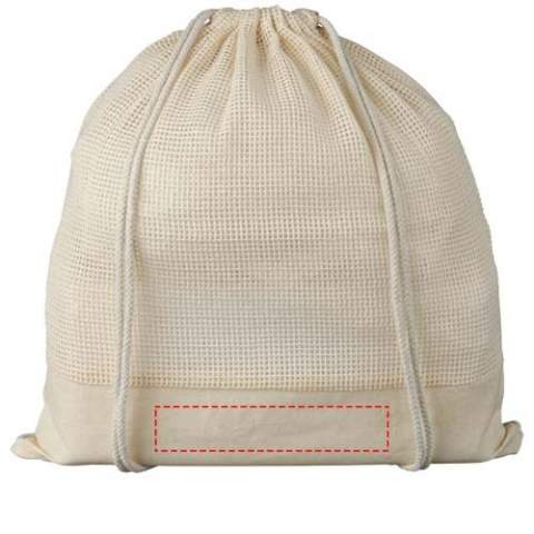 Fruits and vegetables reusable bag made of cotton mesh. Features a large main compartment with drawstring closure. Resistance up to 5 kg weight.