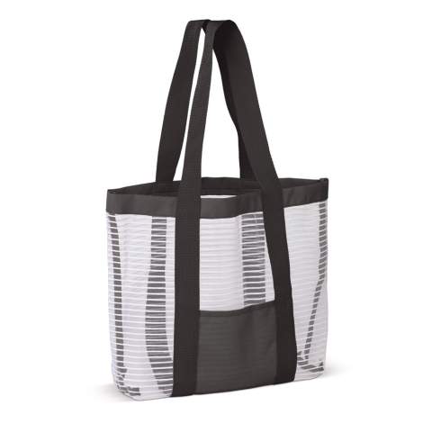 Nice beach bag available in various colours. The mesh material will help that sand and water don’t get trapped on the inside. On the front between the handles you will find a small pocket.