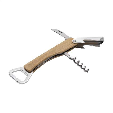 Metal, folding waiter’s friend with bamboo grip and 4 functions: corkscrew, 2 bottle openers, foil cutter. Each item is supplied in an individual brown cardboard box.