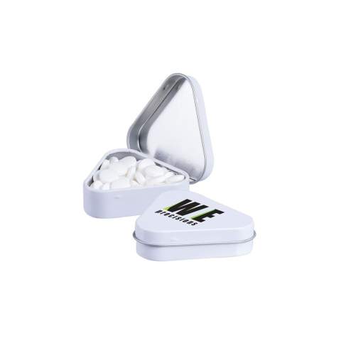 Triangle tin white filled with approx. 20 gram sugar free mints, including ingredients sticker and seal