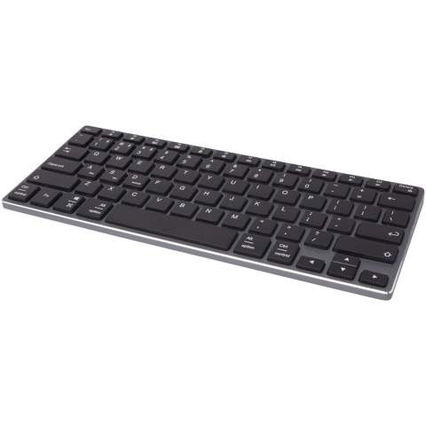 Lightweight keyboard (QWERTY layout with 78 keys) with a durable aluminium housing. A stylish accessory when working from home. The keyboard has Bluetooth® 4.0 for a stable connection and low power consumption, and is compatible with PC/laptop, tablets, mobile phones, smart TVs and other devices with Bluetooth® function. The operating distance is up to 10 meters. With the built-in 350mAh rechargable battery the standby time is up to 10 months after a single charge. Delivered in a premium kraft paper box with a colourful sticker.