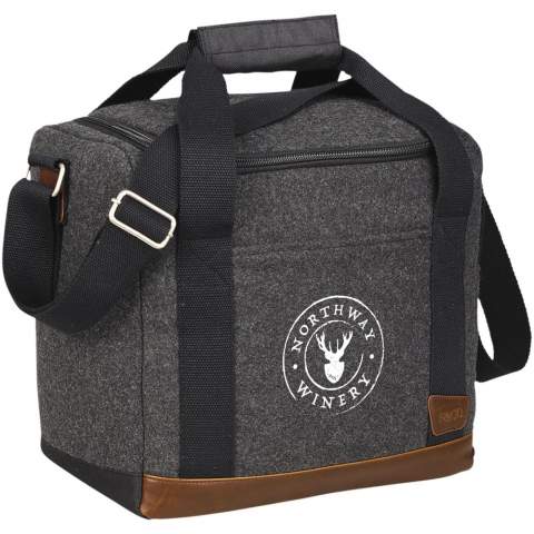 Part of the Field & Co.® Campster Series. Inspiration was drawn from retro camping and old school scout looks combined with modern needs. This stylish cooler bag combines wool/poly material and vinyl accents with the function of an insulated cooler with bottle divider. Die cut inserts slip together and create individual compartments for twelve individual 350ml bottles. When not in use they collapse and can be stored in the base of the bag. Includes a Field & Co.® branded bottle opener.