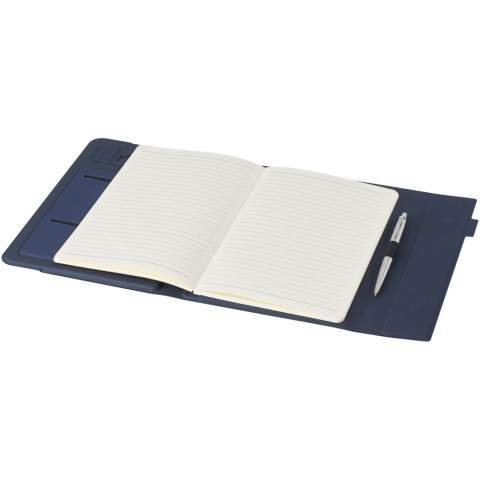 The RCS certified Liberto padfolio is partly made from recycled post-consumer polyester, making this padfolio a more sustainable choice since it helps to reduce the use of virgin raw material. Featuring a pen loop, accordion pocket, and 64 cream coloured lined sheets with 80 g/m2 recycled paper from sustainable sources. The pen and other accessories appearing on the photos are not included with this item.