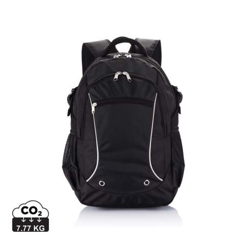 1680D and jacquard backpack. Zippered front pocket with organiser. Zippered main compartment with 15,6” padded laptop pocket. Reflective piping. Two side mesh pockets. PVC free.<br /><br />FitsLaptopTabletSizeInches: 15.6<br />PVC free: true