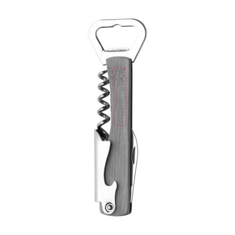 Metal, folding waiter’s friend with bamboo grip and 4 functions: corkscrew, 2 bottle openers, foil cutter. Each item is supplied in an individual brown cardboard box.