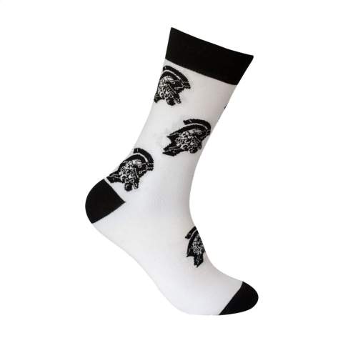 Comfortable socks from the Kingly brand. These durable, high-quality socks are made from premium upcycled yarn sourced from textile waste materials and consist of a blend of 85% upcycled cotton, 12% regenerated polyamide from post-consumer material and 3% elastane. They have a snug, comfortable fit and reinforced heel and toe areas for a longer life.    The socks can be personalised with a knitted, customised design in up to 6 colours. Choose from 6 yarn colours of upcycled cotton and 50 colours of regenerated polyamide. Each pair is packed with a recycled label that can be printed with your own full-colour design - creating socks that perfectly match your brand identity.    Available sizes: M (36-39) and L (40-46). Minimum order quantity: 50 pairs per size and per design.    OEKO-TEX and GRS-certified. Made in Europe.