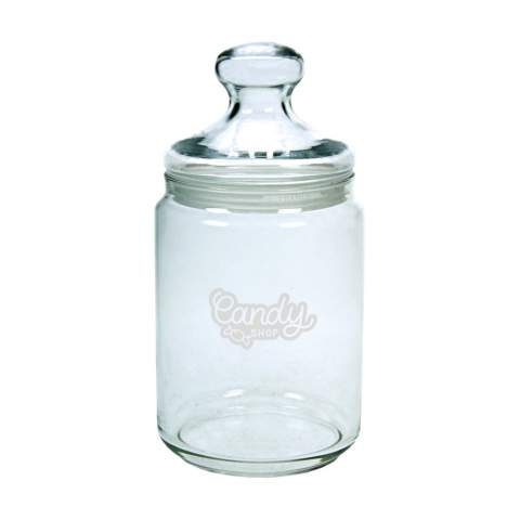 Bonbonnière en verre. Se ferme a l’aide d’un couvercle en verre avec un bord hermétique en caoutchouc.  Capacité 1.000 ml.