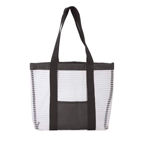 Nice beach bag available in various colours. The mesh material will help that sand and water don’t get trapped on the inside. On the front between the handles you will find a small pocket.