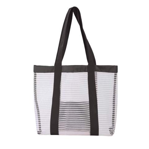 Nice beach bag available in various colours. The mesh material will help that sand and water don’t get trapped on the inside. On the front between the handles you will find a small pocket.
