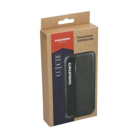 Grundig Powerbank. Die ABS-Powerbank hat eine Kapazität von 20.000 mAh, d. h. Sie können Ihr Telefon bis zu viermal aufladen, bevor Sie die Powerbank wieder aufladen müssen. Mit genügend Leistung, um ein Tablet und andere Geräte aufzuladen. Diese externe Batterie ist ideal für Reisen oder einen Tagesausflug. Die Powerbank verfügt über USB-Ausgänge: 2 USB-A-Anschlüsse und 1 USB-C-Anschluss zum Aufladen der Powerbank. Das bedeutet, dass Sie zwei Geräte gleichzeitig aufladen können. Kompatibel mit allen Mobilgeräten, die QI-Wireless-Charging unterstützen. Mit LED-Anzeigen für den Akkustand, Ein-/Aus-Taste und integriertem Li-Polymer-Akku. Micro-Eingang: 5 V/2 A 9 V/2 A 12 V/1,5 A.  Typ-C-Eingang: 5 V/2,5 A 9 V/2 A 12 V/1,5 A. Typ-C-Ausgang: 5 V/3 A 9 V/2,22 A 12 V/1,67 A. USB-A1/A2-Ausgang: 5 V/3 A 9 V/2,22 A 10 V/2,25 A 12 V/1,67 A. Enthält USB-C-/Micro-USB-Kabel. Verpackt pro Stück.