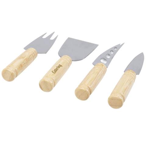 4-piece cheese set made of bamboo, featuring a cheese shovel (13.3 x 4.7 cm), 2 cheese knives (13.5 x 2 cm and 15.3 x 2.5 cm), and a cheese fork (14 x 3.5 cm). Ergonomic handle design, good size, and round handle make it easy to grasp. The handles for all tools are 7 cm long with a diameter of 1.9 cm. Designed for winding, cutting, slicing, shaving, and spreading various hard and soft cheeses. They are lightweight and space-saving, easy to store in your kitchen cabinet, perfect for party trays or dining tables. The bamboo used is sourced and produced following sustainable standards.
