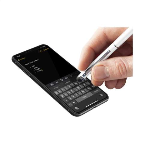 Blauschreibender Metallkugelschreiber mit gummiertem Pointer zum Bedienen von Touchscreens (wie iPhone/iPad), hochglänzenden Akzenten und Dreh-Klicksystem.