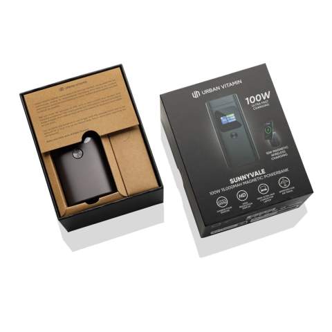 The Urban Vitamin Sunnyvale powerbank is a state-of-the-art charging solution designed to meet the demands of modern life. With a robust 15,000 mAh capacity and support for 100W ultra-fast charging, this powerbank ensures all your devices, including laptops and MacBooks, stay powered up at lightning speed. It features a high-quality TFT colour display that provides real-time updates on charging speed and other essential details for ultimate convenience. What sets the Sunnyvale apart is its integrated 15W wireless magnetic phone stand, allowing you to charge your phone wirelessly while keeping it perfectly positioned for hands-free use. With three output ports—two USB-C and one USB-A—and the wireless charging option, the Sunnyvale can charge up to four devices simultaneously, making it a versatile companion for any situation. Crafted from durable aluminium, the Sunnyvale combines a premium look and feel with a compact, portable design. PVC free.<br /><br />WirelessCharging: true<br />PowerbankCapacity: 15000<br />PVC free: true