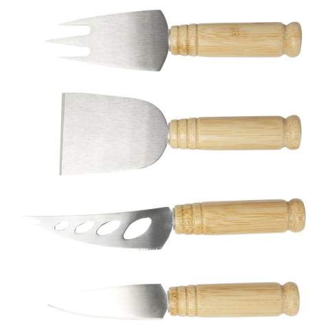 4-piece cheese set made of bamboo, featuring a cheese shovel (13.3 x 4.7 cm), 2 cheese knives (13.5 x 2 cm and 15.3 x 2.5 cm), and a cheese fork (14 x 3.5 cm). Ergonomic handle design, good size, and round handle make it easy to grasp. The handles for all tools are 7 cm long with a diameter of 1.9 cm. Designed for winding, cutting, slicing, shaving, and spreading various hard and soft cheeses. They are lightweight and space-saving, easy to store in your kitchen cabinet, perfect for party trays or dining tables. The bamboo used is sourced and produced following sustainable standards.