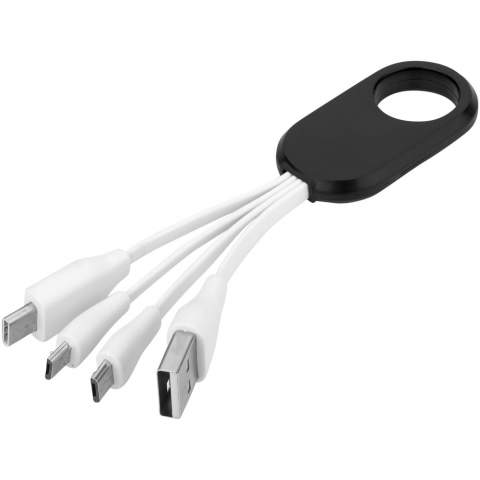 USB data- en oplaadkabel met 4 aansluitingen. 1 x USB, 2 x micro USB, 1 x Type-C.