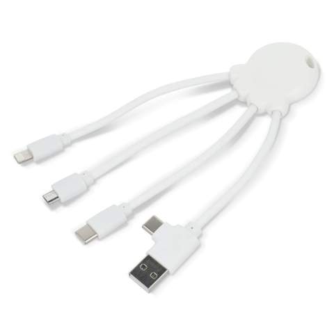 Das Eco Octopus Ladekabel ist aus ozeangebundenem Kunststoff hergestellt. Mit zwei (USB-A &amp; USB-C) Eingängen und drei verschiedenen Anschlüssen können Sie Ihre Geräte umweltfreundlich aufladen. Am Schreibtisch, im Auto, in der Tasche oder im Urlaub; dieses Multiladekabel ist immer praktisch! 