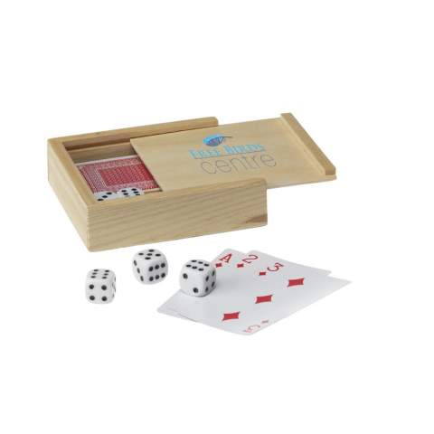 5 dice and a deck of cards (54) in a wooden box.