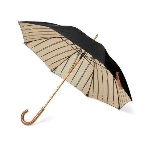 Stay dry in style with our classic and understated 23-inch umbrella. The double-layer 190T recycled PET fabric provides ample protection against rain, while the beautiful inside lining adds a touch of elegance to the design. The umbrella features fibreglass ribs and frame, ensuring durability and longevity. The stick and handle of the umbrella are made from composite wood, adding a touch of sophistication to the design. The umbrella also features AWARE™ tracer technology, validating the genuine use of recycled materials and emphasising our commitment to responsible sourcing. Including FSC®-certified kraft packaging.<br /><br />UmbrellaMechanism: Open automatically, close manually