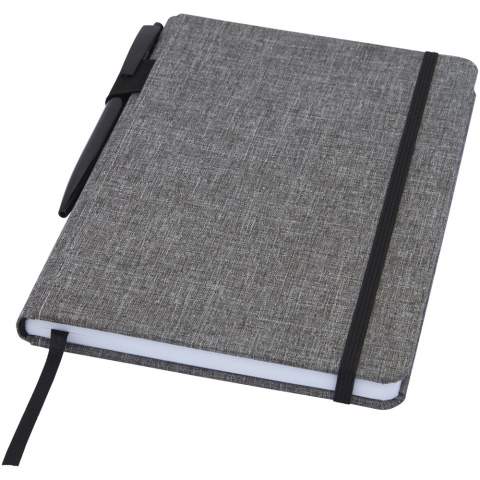 A5 size notebook with cover made of RPET fabric. Features 96 sheets 70 g/m² recycled paper with lined layout, a pen loop and ribbon marker. Packed in a cardboard sleeve.