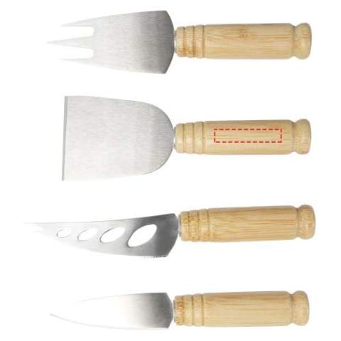 4-piece cheese set made of bamboo, featuring a cheese shovel (13.3 x 4.7 cm), 2 cheese knives (13.5 x 2 cm and 15.3 x 2.5 cm), and a cheese fork (14 x 3.5 cm). Ergonomic handle design, good size, and round handle make it easy to grasp. The handles for all tools are 7 cm long with a diameter of 1.9 cm. Designed for winding, cutting, slicing, shaving, and spreading various hard and soft cheeses. They are lightweight and space-saving, easy to store in your kitchen cabinet, perfect for party trays or dining tables. The bamboo used is sourced and produced following sustainable standards.