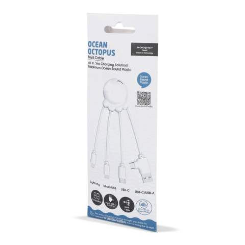 Das Eco Octopus Ladekabel ist aus ozeangebundenem Kunststoff hergestellt. Mit zwei (USB-A &amp; USB-C) Eingängen und drei verschiedenen Anschlüssen können Sie Ihre Geräte umweltfreundlich aufladen. Am Schreibtisch, im Auto, in der Tasche oder im Urlaub; dieses Multiladekabel ist immer praktisch! 