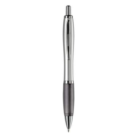 Silver ball pen with metal clip and a coloured grip. The pen comes with a Jumbo refill with blue writing ink.