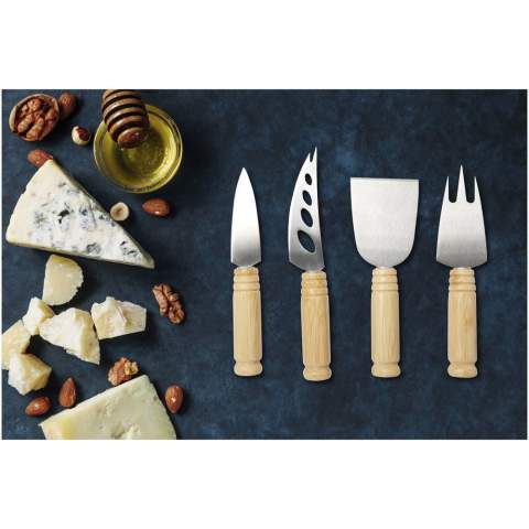 4-piece cheese set made of bamboo, featuring a cheese shovel (13.3 x 4.7 cm), 2 cheese knives (13.5 x 2 cm and 15.3 x 2.5 cm), and a cheese fork (14 x 3.5 cm). Ergonomic handle design, good size, and round handle make it easy to grasp. The handles for all tools are 7 cm long with a diameter of 1.9 cm. Designed for winding, cutting, slicing, shaving, and spreading various hard and soft cheeses. They are lightweight and space-saving, easy to store in your kitchen cabinet, perfect for party trays or dining tables. The bamboo used is sourced and produced following sustainable standards.